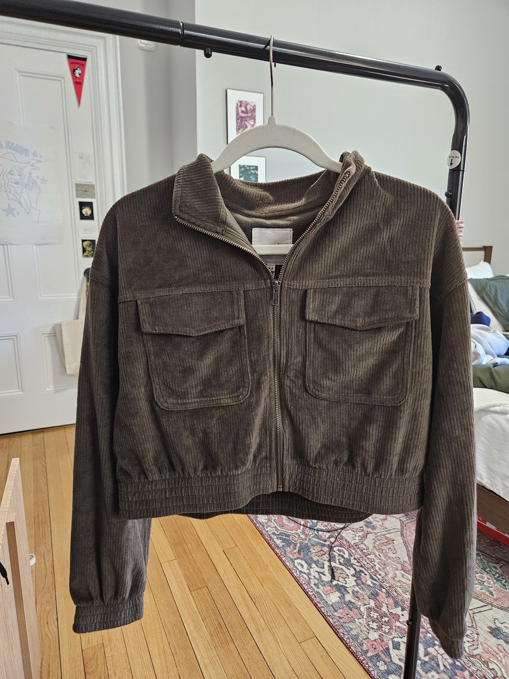 aerie Cropped Corduroy Utility Jacket in Olive Green